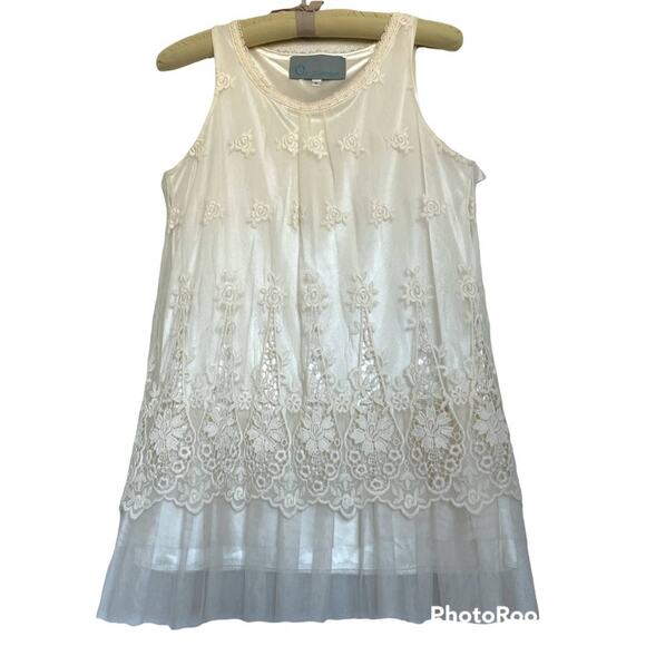 O2 Collection Ivory Satin Lined Embroidered & Lace Mesh Tunic Top with Tulle S - Picture 1 of 10